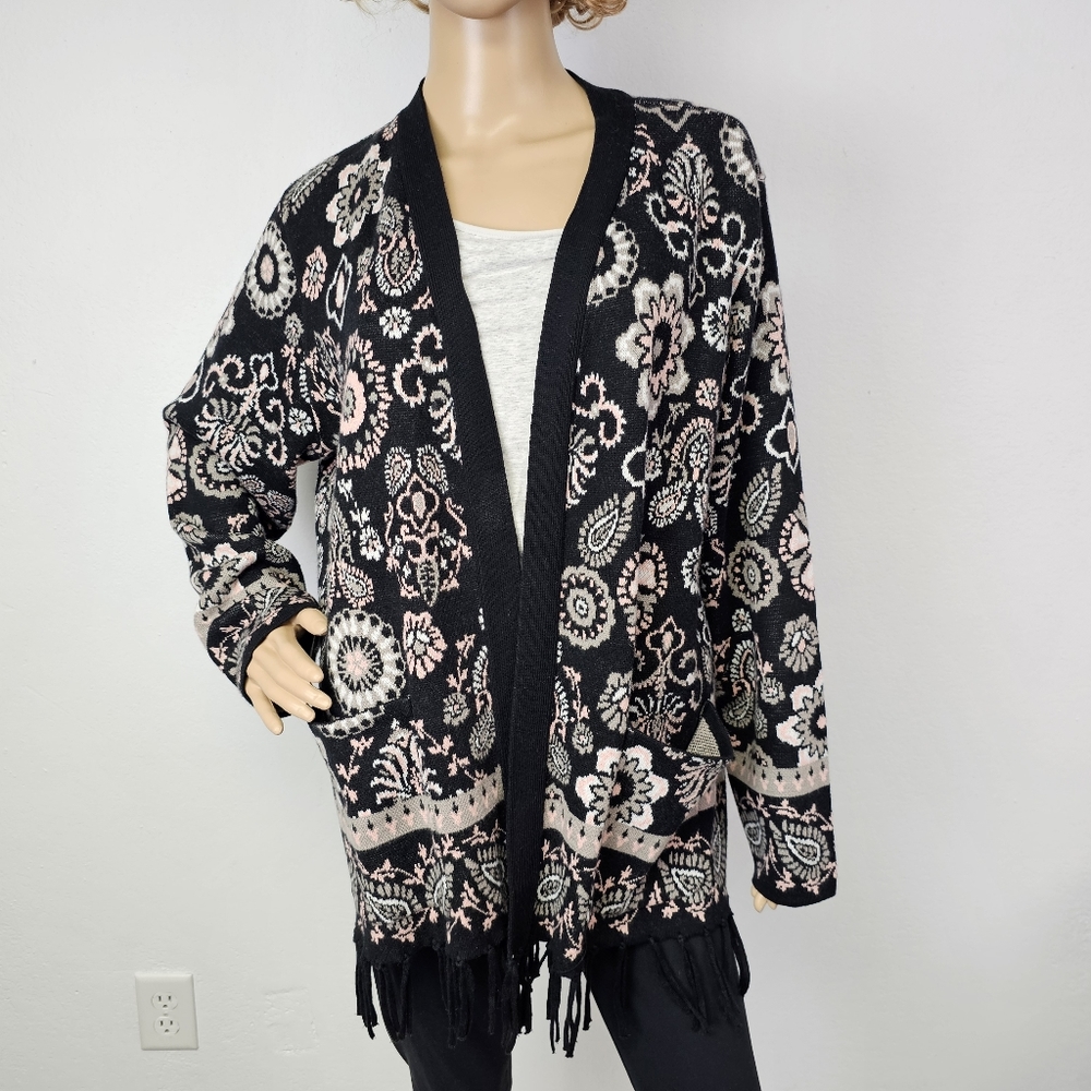 Isaac Mizrahi Cardigan Sweater Fringe Paisley Black/Pink XL Boho Western Artsy